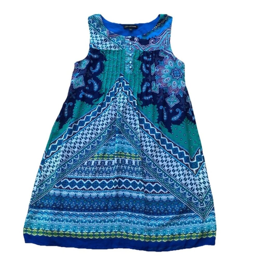 Chris McLaughlin Midi Shift Dress Blue Green Paisley Sleeveless Lined Size 12